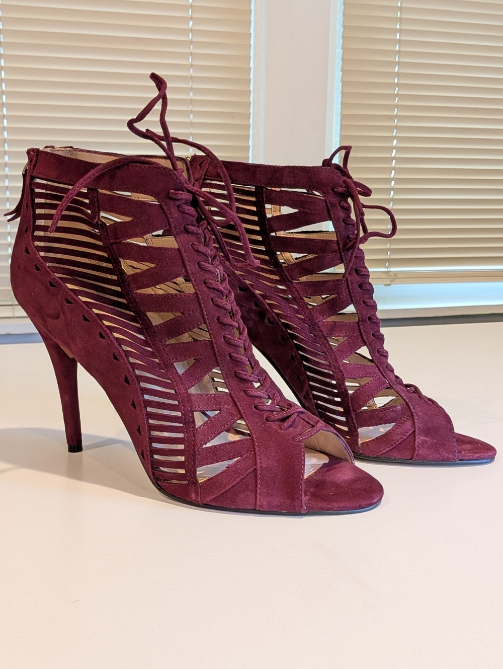 Nine West Burgundy Lace-Up Cutout Suede Peep-Toe Heels
